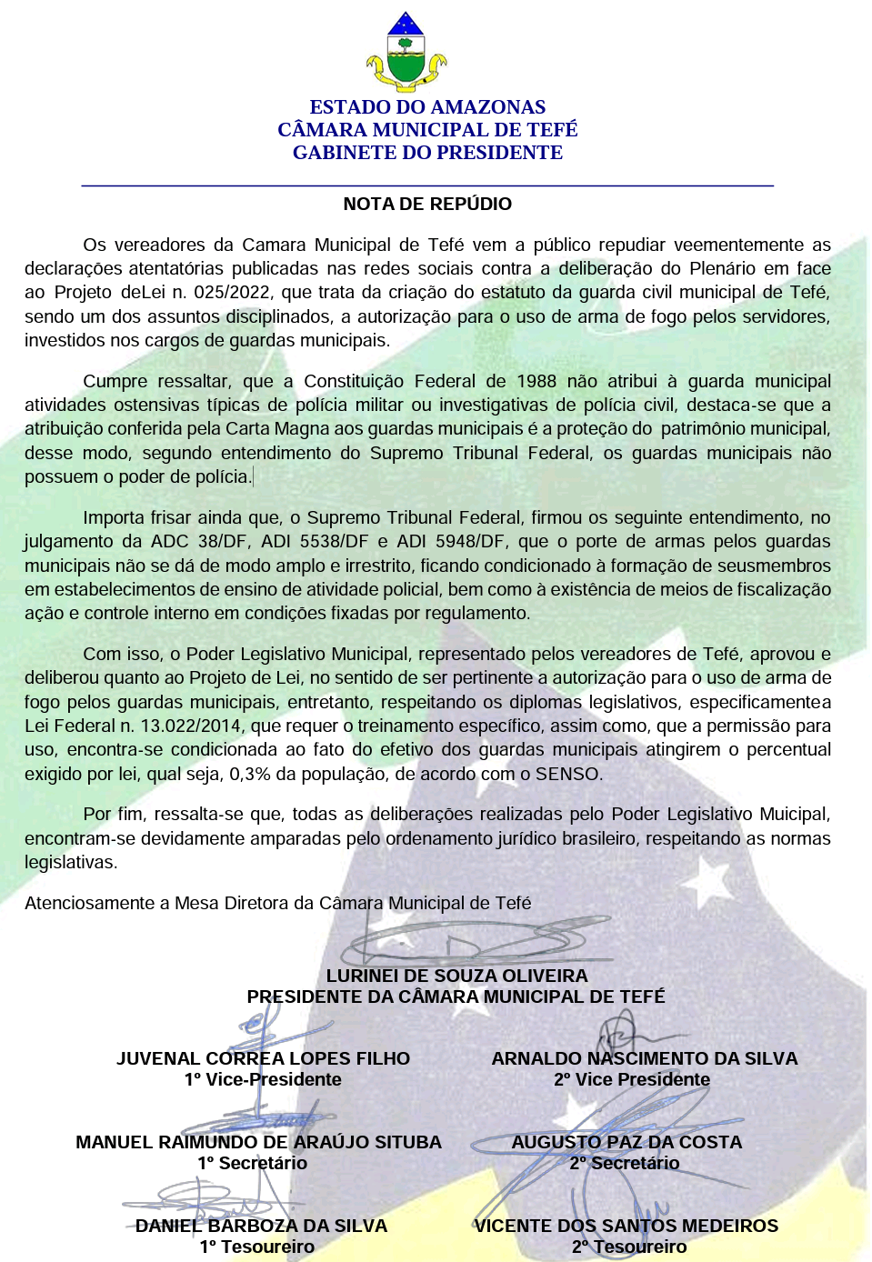 Esclarecimentos da Câmara Municipal de Tefé acerca do Parecer ao Projeto de Lei 25/2023, da criação do Estatuto da Guarda Civil Municipal de Tefé